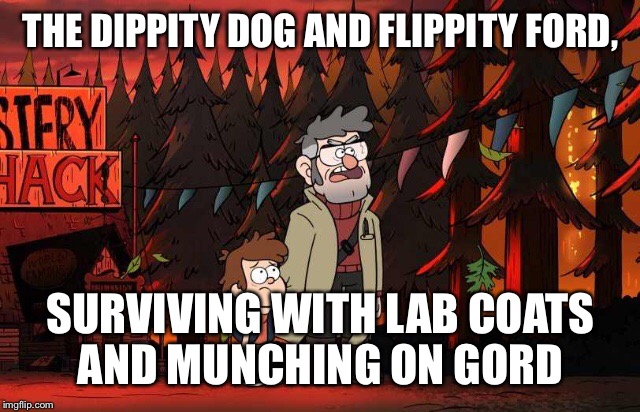 Gfalls timber pt 2 | THE DIPPITY DOG AND FLIPPITY FORD, SURVIVING WITH LAB COATS AND MUNCHING ON GORD | image tagged in funny memes | made w/ Imgflip meme maker