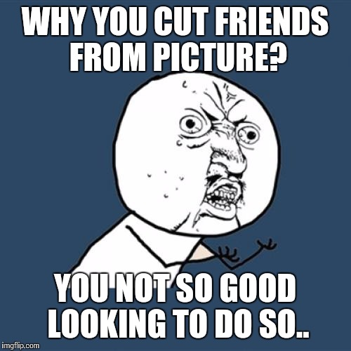 Y U No Meme | WHY YOU CUT FRIENDS FROM PICTURE? YOU NOT SO GOOD LOOKING TO DO SO.. | image tagged in memes,y u no | made w/ Imgflip meme maker