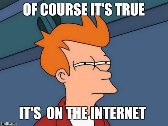 Futurama Fry Meme | OF COURSE IT'S TRUE IT'S  ON THE INTERNET | image tagged in memes,futurama fry | made w/ Imgflip meme maker