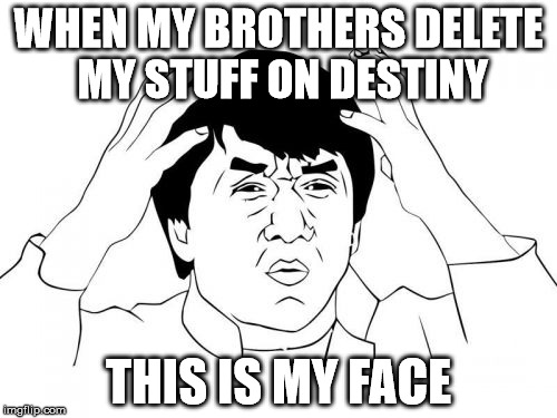 Jackie Chan WTF Meme | WHEN MY BROTHERS DELETE MY STUFF ON DESTINY THIS IS MY FACE | image tagged in memes,jackie chan wtf | made w/ Imgflip meme maker
