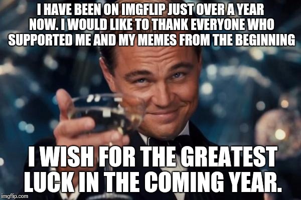 Thank you all and a happy new year. | I HAVE BEEN ON IMGFLIP JUST OVER A YEAR NOW. I WOULD LIKE TO THANK EVERYONE WHO SUPPORTED ME AND MY MEMES FROM THE BEGINNING I WISH FOR THE  | image tagged in memes,leonardo dicaprio cheers | made w/ Imgflip meme maker