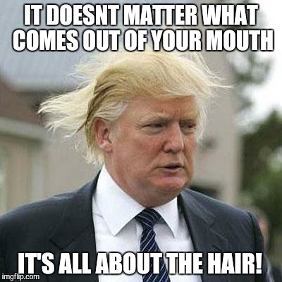 Simpson Pun : Its all about the hair. | IT DOESNT MATTER WHAT COMES OUT OF YOUR MOUTH IT'S ALL ABOUT THE HAIR! | image tagged in donald trump,simpsons,funny,meme,donald trumph hair,homer simpson | made w/ Imgflip meme maker