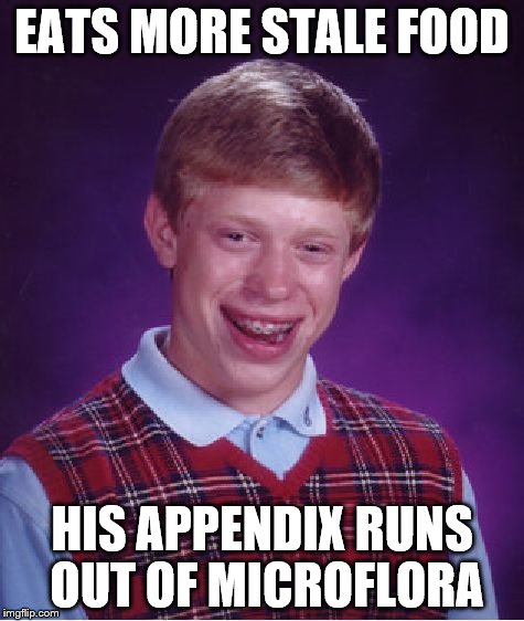 Bad Luck Brian Meme | EATS MORE STALE FOOD HIS APPENDIX RUNS OUT OF MICROFLORA | image tagged in memes,bad luck brian | made w/ Imgflip meme maker