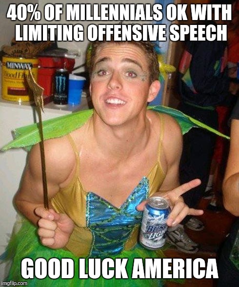 40% OF MILLENNIALS OK WITH LIMITING OFFENSIVE SPEECH GOOD LUCK AMERICA | image tagged in millennial | made w/ Imgflip meme maker