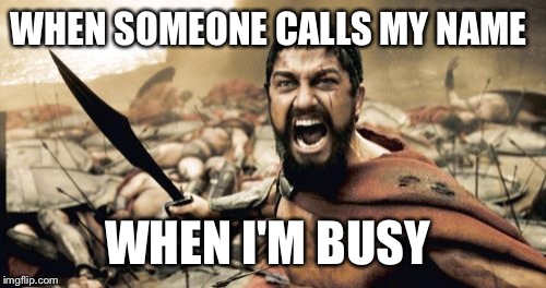 Sparta Leonidas Meme | WHEN SOMEONE CALLS MY NAME WHEN I'M BUSY | image tagged in memes,sparta leonidas | made w/ Imgflip meme maker