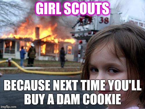 Disaster Girl Meme | GIRL SCOUTS BECAUSE NEXT TIME YOU'LL BUY A DAM COOKIE | image tagged in memes,disaster girl | made w/ Imgflip meme maker