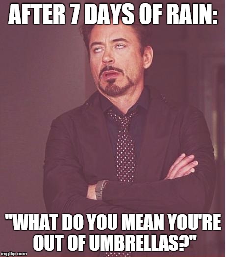 Face You Make Robert Downey Jr Meme | AFTER 7 DAYS OF RAIN: "WHAT DO YOU MEAN YOU'RE OUT OF UMBRELLAS?" | image tagged in memes,face you make robert downey jr | made w/ Imgflip meme maker