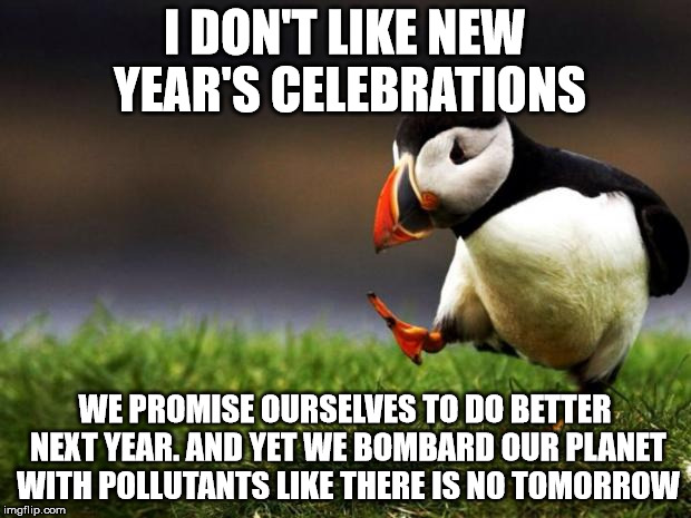 Unpopular Opinion Puffin Meme | I DON'T LIKE NEW YEAR'S CELEBRATIONS WE PROMISE OURSELVES TO DO BETTER NEXT YEAR. AND YET WE BOMBARD OUR PLANET WITH POLLUTANTS LIKE THERE I | image tagged in memes,unpopular opinion puffin | made w/ Imgflip meme maker