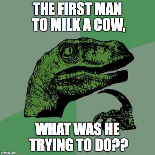 Philosoraptor Meme | THE FIRST MAN TO MILK A COW, WHAT WAS HE TRYING TO DO?? | image tagged in memes,philosoraptor | made w/ Imgflip meme maker