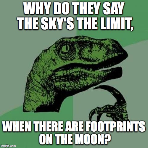 Philosoraptor | WHY DO THEY SAY THE SKY'S THE LIMIT, WHEN THERE ARE FOOTPRINTS ON THE MOON? | image tagged in memes,philosoraptor | made w/ Imgflip meme maker