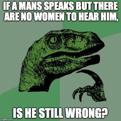 Philosoraptor | IF A MANS SPEAKS BUT THERE ARE NO WOMEN TO HEAR HIM, IS HE STILL WRONG? | image tagged in memes,philosoraptor | made w/ Imgflip meme maker