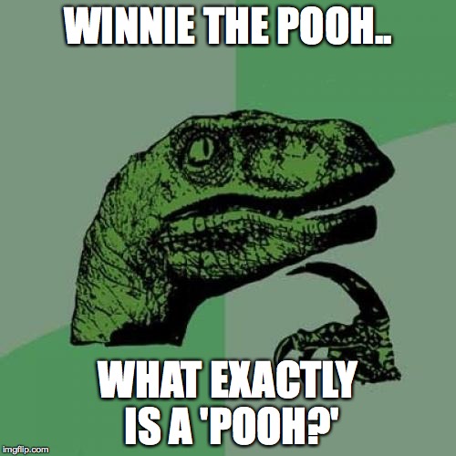 Philosoraptor | WINNIE THE POOH.. WHAT EXACTLY IS A 'POOH?' | image tagged in memes,philosoraptor | made w/ Imgflip meme maker