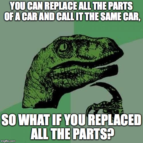 Philosoraptor Meme | YOU CAN REPLACE ALL THE PARTS OF A CAR AND CALL IT THE SAME CAR, SO WHAT IF YOU REPLACED ALL THE PARTS? | image tagged in memes,philosoraptor | made w/ Imgflip meme maker