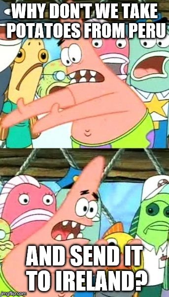 Put It Somewhere Else Patrick Meme | WHY DON'T WE TAKE POTATOES FROM PERU AND SEND IT TO IRELAND? | image tagged in memes,put it somewhere else patrick | made w/ Imgflip meme maker