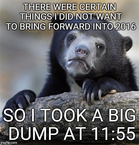 New Years Bear | THERE WERE CERTAIN THINGS I DID NOT WANT TO BRING FORWARD INTO 2016 SO I TOOK A BIG DUMP AT 11:55 | image tagged in memes,confession bear | made w/ Imgflip meme maker