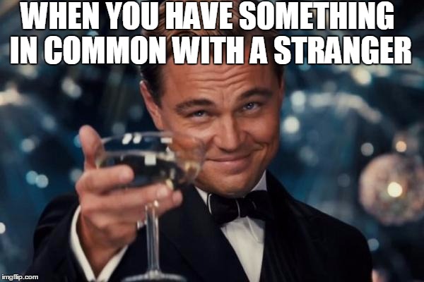 Leonardo Dicaprio Cheers Meme | WHEN YOU HAVE SOMETHING IN COMMON WITH A STRANGER | image tagged in memes,leonardo dicaprio cheers | made w/ Imgflip meme maker