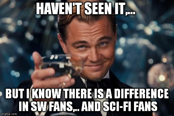 Leonardo Dicaprio Cheers Meme | HAVEN'T SEEN IT,... BUT I KNOW THERE IS A DIFFERENCE IN SW FANS,.. AND SCI-FI FANS | image tagged in memes,leonardo dicaprio cheers | made w/ Imgflip meme maker