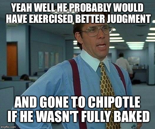 That Would Be Great Meme | YEAH WELL HE PROBABLY WOULD HAVE EXERCISED BETTER JUDGMENT AND GONE TO CHIPOTLE IF HE WASN'T FULLY BAKED | image tagged in memes,that would be great | made w/ Imgflip meme maker