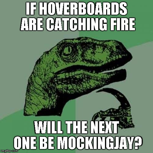 Philosoraptor Meme | IF HOVERBOARDS ARE CATCHING FIRE WILL THE NEXT ONE BE MOCKINGJAY? | image tagged in memes,philosoraptor | made w/ Imgflip meme maker