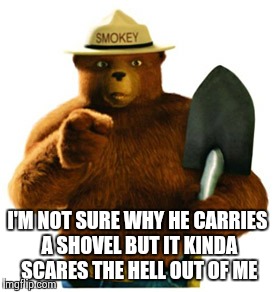 Smokey Bear | I'M NOT SURE WHY HE CARRIES A SHOVEL BUT IT KINDA SCARES THE HELL OUT OF ME | image tagged in smokey bear | made w/ Imgflip meme maker