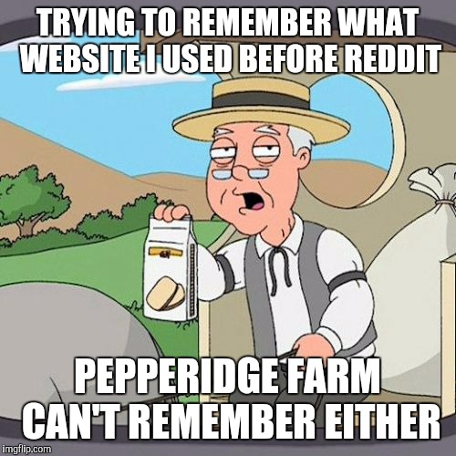 Pepperidge Farm Remembers | TRYING TO REMEMBER WHAT WEBSITE I USED BEFORE REDDIT PEPPERIDGE FARM CAN'T REMEMBER EITHER | image tagged in memes,pepperidge farm remembers | made w/ Imgflip meme maker