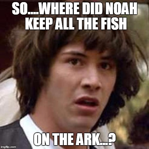 Conspiracy Keanu Meme | SO....WHERE DID NOAH KEEP ALL THE FISH ON THE ARK...? | image tagged in memes,conspiracy keanu | made w/ Imgflip meme maker
