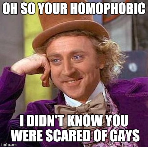 Creepy Condescending Wonka | OH SO YOUR HOMOPHOBIC I DIDN'T KNOW YOU WERE SCARED OF GAYS | image tagged in memes,creepy condescending wonka | made w/ Imgflip meme maker