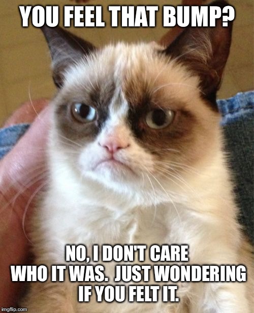 Grumpy Cat Meme | YOU FEEL THAT BUMP? NO, I DON'T CARE WHO IT WAS.  JUST WONDERING IF YOU FELT IT. | image tagged in memes,grumpy cat | made w/ Imgflip meme maker