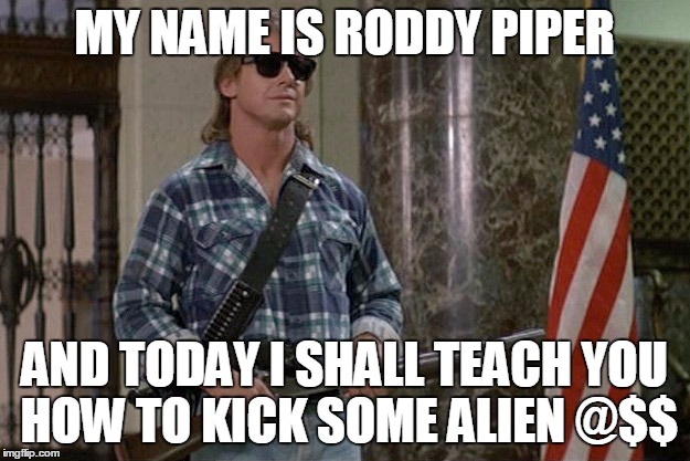 They Live in a nutshell (more or less) | MY NAME IS RODDY PIPER AND TODAY I SHALL TEACH YOU HOW TO KICK SOME ALIEN @$$ | image tagged in they live,memes,i have come here to chew bubblegum and kick ass,and i'm all out of bubblegum,aliens,rip roddy piper | made w/ Imgflip meme maker