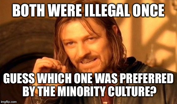 Both marijuana and alcohol were illegal | BOTH WERE ILLEGAL ONCE GUESS WHICH ONE WAS PREFERRED BY THE MINORITY CULTURE? | image tagged in memes,one does not simply | made w/ Imgflip meme maker