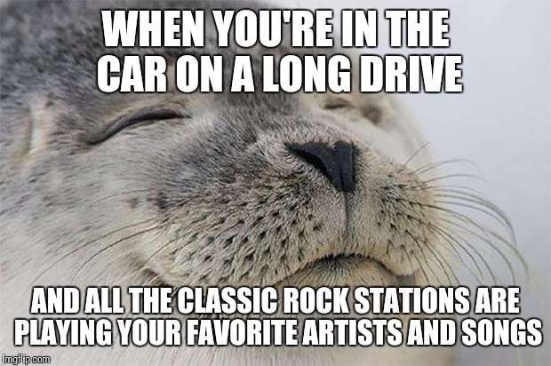 It makes me feel satisfied ;) | WHEN YOU'RE IN THE CAR ON A LONG DRIVE AND ALL THE CLASSIC ROCK STATIONS ARE PLAYING YOUR FAVORITE ARTISTS AND SONGS | image tagged in memes,satisfied seal,music | made w/ Imgflip meme maker