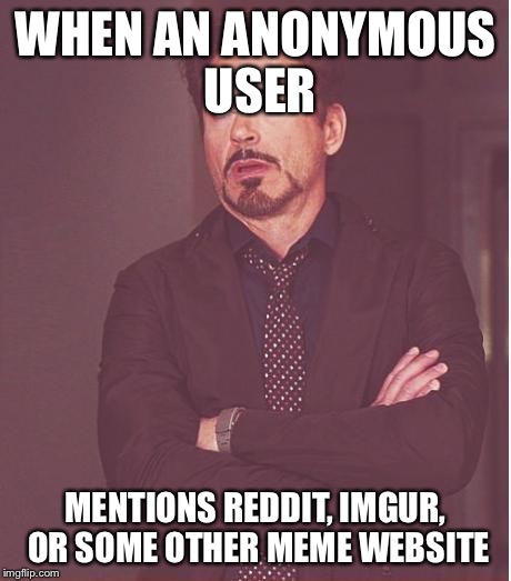 Face You Make Robert Downey Jr Meme | WHEN AN ANONYMOUS USER MENTIONS REDDIT, IMGUR, OR SOME OTHER MEME WEBSITE | image tagged in memes,face you make robert downey jr | made w/ Imgflip meme maker