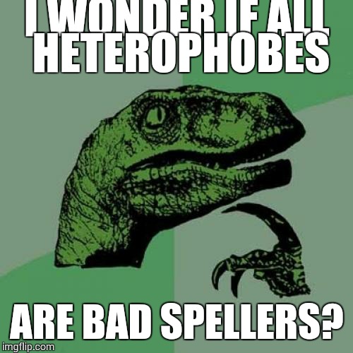 Philosoraptor Meme | I WONDER IF ALL HETEROPHOBES ARE BAD SPELLERS? | image tagged in memes,philosoraptor | made w/ Imgflip meme maker