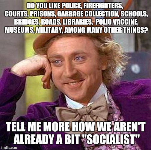 Creepy Condescending Wonka Meme | DO YOU LIKE POLICE, FIREFIGHTERS,  COURTS, PRISONS, GARBAGE COLLECTION, SCHOOLS, BRIDGES, ROADS, LIBRARIES,  POLIO VACCINE, MUSEUMS, MILITAR | image tagged in memes,creepy condescending wonka | made w/ Imgflip meme maker