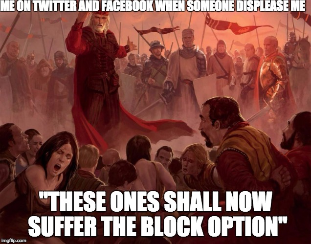 Twitter king | ME ON TWITTER AND FACEBOOK WHEN SOMEONE DISPLEASE ME "THESE ONES SHALL NOW SUFFER THE BLOCK OPTION" | image tagged in memes | made w/ Imgflip meme maker