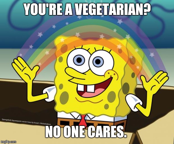 No one cares | YOU'RE A VEGETARIAN? NO ONE CARES. | image tagged in no one cares | made w/ Imgflip meme maker