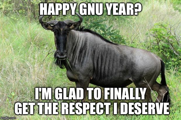 You gnu it was coming. | HAPPY GNU YEAR? I'M GLAD TO FINALLY GET THE RESPECT I DESERVE | image tagged in gnu,inferno390 | made w/ Imgflip meme maker