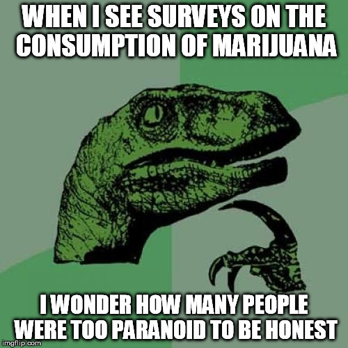 Um.. um... not me. | WHEN I SEE SURVEYS ON THE CONSUMPTION OF MARIJUANA I WONDER HOW MANY PEOPLE WERE TOO PARANOID TO BE HONEST | image tagged in memes,philosoraptor,weed,survey,stoner,paranoia | made w/ Imgflip meme maker