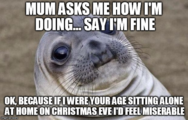 Awkward Moment Sealion Meme | MUM ASKS ME HOW I'M DOING... SAY I'M FINE OK, BECAUSE IF I WERE YOUR AGE SITTING ALONE AT HOME ON CHRISTMAS EVE I'D FEEL MISERABLE | image tagged in memes,awkward moment sealion,AdviceAnimals | made w/ Imgflip meme maker