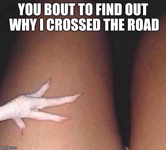 Chicken thighs  | YOU BOUT TO FIND OUT WHY I CROSSED THE ROAD | image tagged in chicken thigh,memes,funny,sexy,bad joke | made w/ Imgflip meme maker