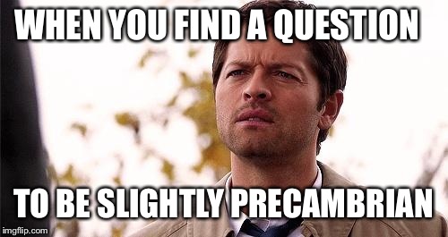 Castiel Squinting | WHEN YOU FIND A QUESTION TO BE SLIGHTLY PRECAMBRIAN | image tagged in castiel squinting | made w/ Imgflip meme maker