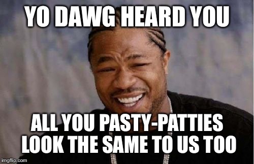 Yo Dawg Heard You Meme | YO DAWG HEARD YOU ALL YOU PASTY-PATTIES LOOK THE SAME TO US TOO | image tagged in memes,yo dawg heard you | made w/ Imgflip meme maker