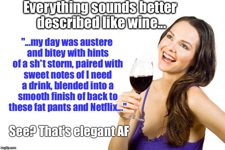 Wine speak makes you elegant | Everything sounds better described like wine... "...my day was austere and bitey with hints of a sh*t storm, paired with sweet notes of I ne | image tagged in wine,bad day,sarcasm,classy | made w/ Imgflip meme maker