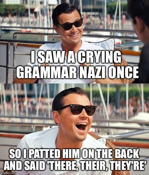 Define: Cruelty | I SAW A CRYING GRAMMAR NAZI ONCE SO I PATTED HIM ON THE BACK AND SAID 'THERE, THEIR, THEY'RE' | image tagged in memes,leonardo dicaprio wolf of wall street | made w/ Imgflip meme maker