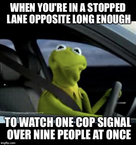 Kermit Driving | WHEN YOU'RE IN A STOPPED LANE OPPOSITE LONG ENOUGH TO WATCH ONE COP SIGNAL OVER NINE PEOPLE AT ONCE | image tagged in kermit driving | made w/ Imgflip meme maker