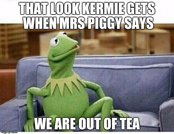 KERMIT | THAT LOOK KERMIE GETS WHEN MRS PIGGY SAYS WE ARE OUT OF TEA | image tagged in kermit | made w/ Imgflip meme maker