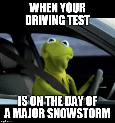Kermit Driving | WHEN YOUR DRIVING TEST IS ON THE DAY OF A MAJOR SNOWSTORM | image tagged in kermit driving | made w/ Imgflip meme maker