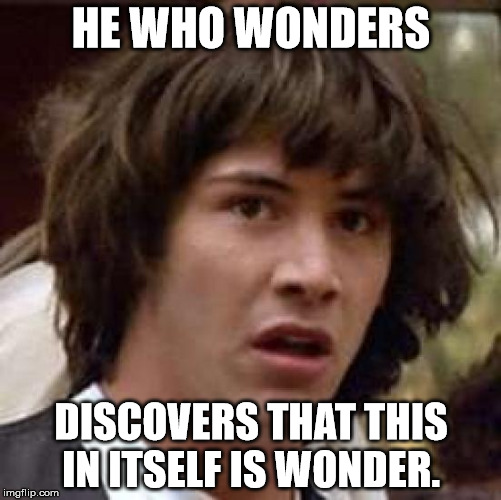 Conspiracy Keanu Meme | HE WHO WONDERS DISCOVERS THAT THIS IN ITSELF IS WONDER. | image tagged in memes,conspiracy keanu | made w/ Imgflip meme maker
