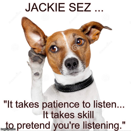 "It takes patience to listen, but it takes skill to pretend you're listening." | JACKIE SEZ ... "It takes patience to listen...  It takes skill to pretend you're listening." | image tagged in dog,jack russell terrier,listen,pretend you're listening,patience,skill | made w/ Imgflip meme maker