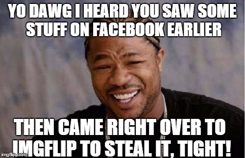 Yo Dawg Heard You | YO DAWG I HEARD YOU SAW SOME STUFF ON FACEBOOK EARLIER THEN CAME RIGHT OVER TO IMGFLIP TO STEAL IT, TIGHT! | image tagged in memes,yo dawg heard you | made w/ Imgflip meme maker